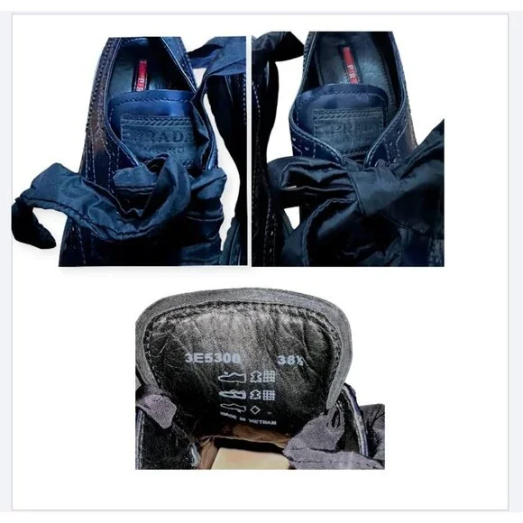 Prada Wingtip Oxford Ribbon Tie Shoes Navy Calf Leather 38.5 Early 2000s - Picture 10 of 11